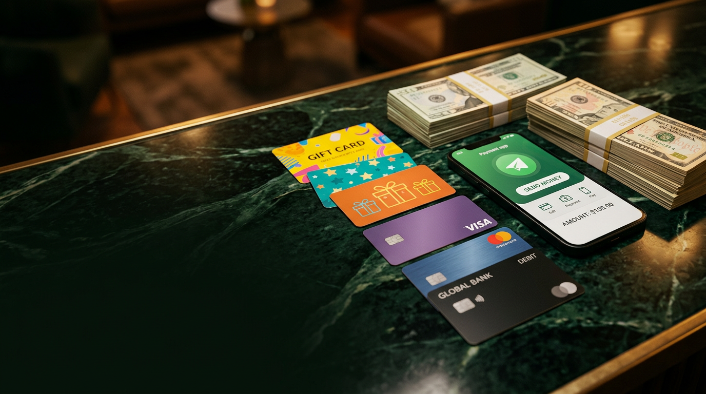 Gift cards, bank cards, a payment app on a phone and stacks of US dollars on dark green marble